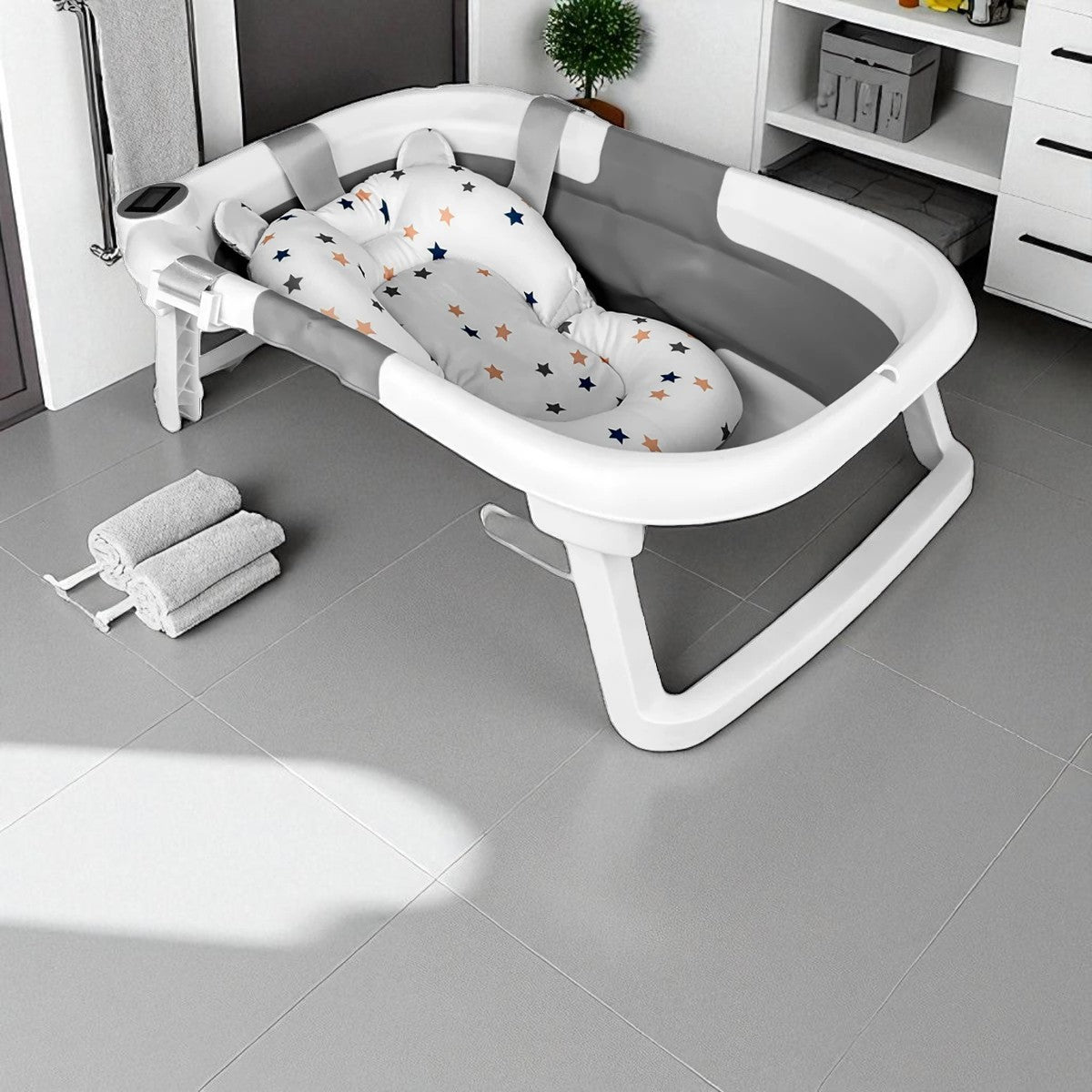 Compact Folding Baby Bath Tub β Portable Infant & Toddler Bathtub with Cushion & Built-In Thermometer