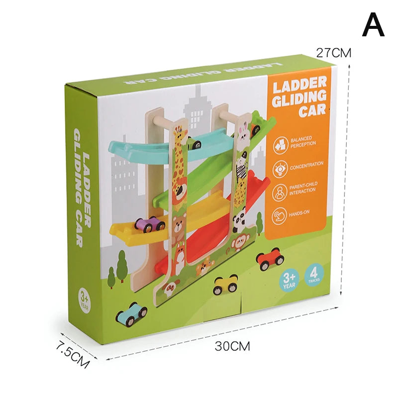 Kids Four-Layer Wooden Gliding Inertia Track Car Toys Animal and Traffic Theme Early Educational Toys Birthday Gifts