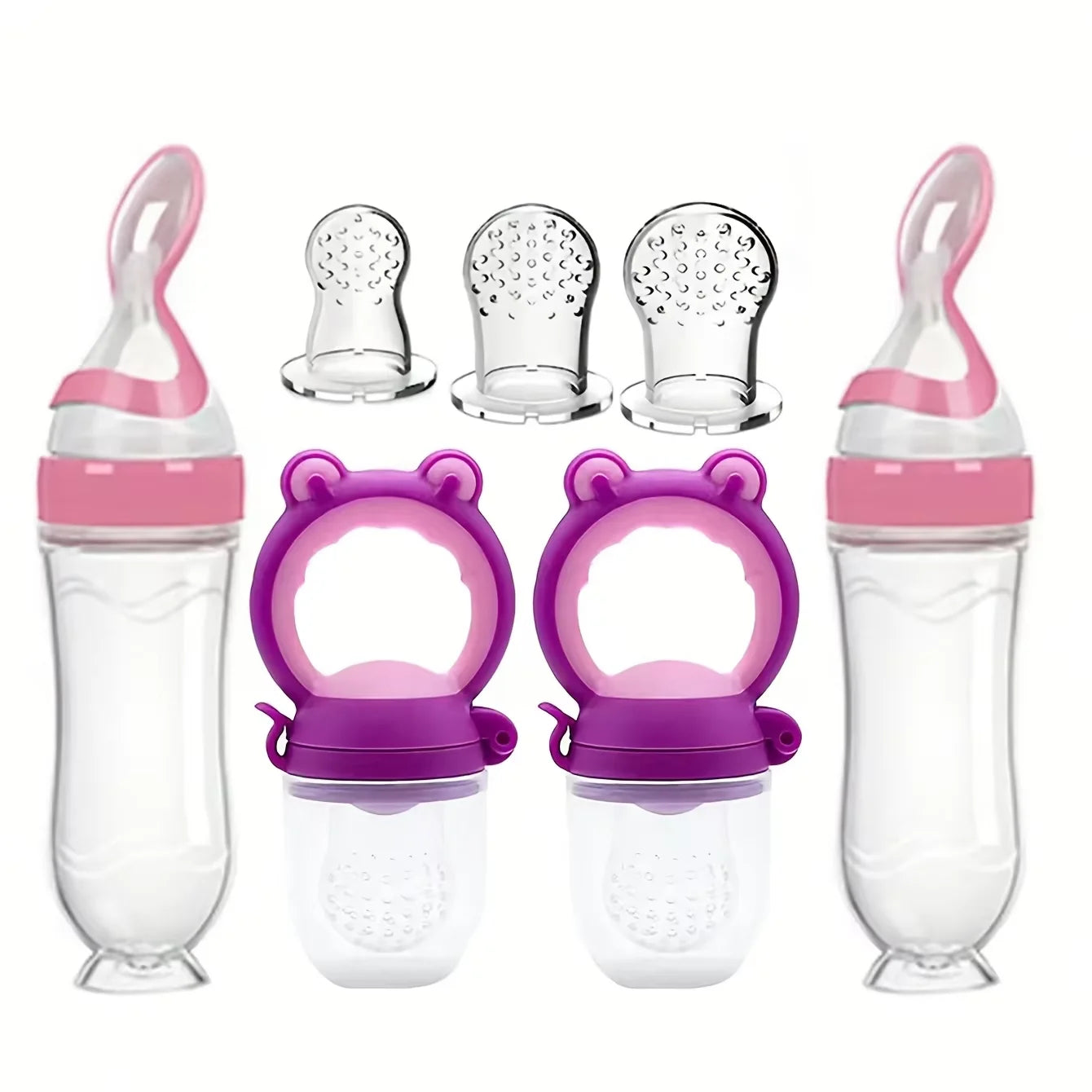 7Pcs Baby Feeding Set: 2Pcs Soft Silicone Feeding Bottle with Spoon,2Pcs Fruit Feeder Pacifier with 3-Size Nipples