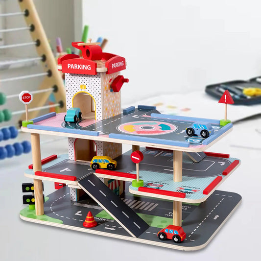 Wooden Car Garage Playset Kids Parking Garage Race Car with Manual Elevator