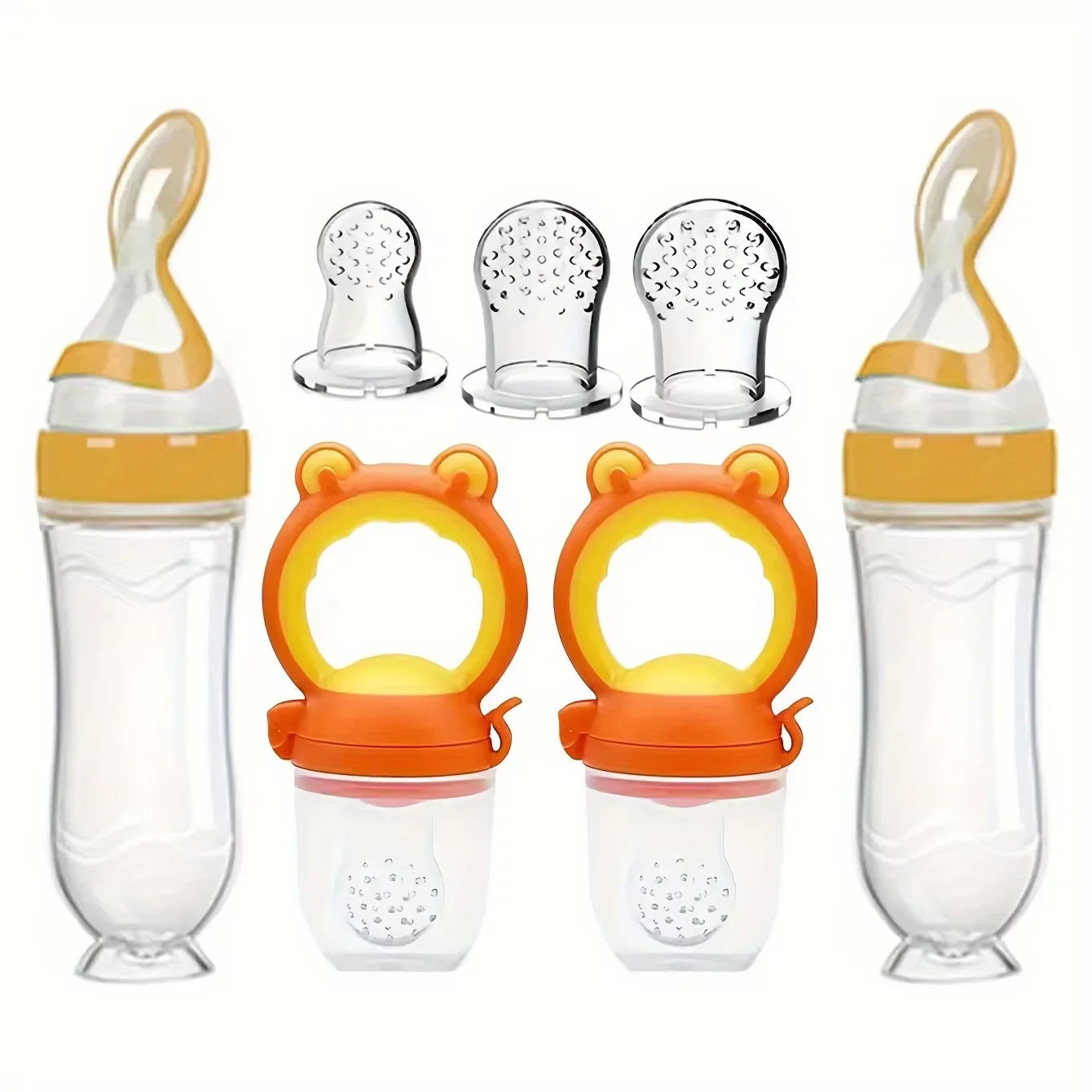 7Pcs Baby Feeding Set: 2Pcs Soft Silicone Feeding Bottle with Spoon,2Pcs Fruit Feeder Pacifier with 3-Size Nipples