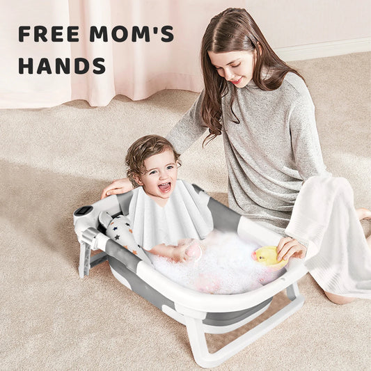 Compact Folding Baby Bath Tub β Portable Infant & Toddler Bathtub with Cushion & Built-In Thermometer