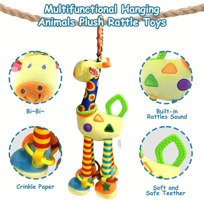 Soft Giraffe Hanging Rattle Baby Toys 15 Inch Baby Rattle Crinkle Squeaky Stroller Car Seat Crib Plush Animal Activity Toys