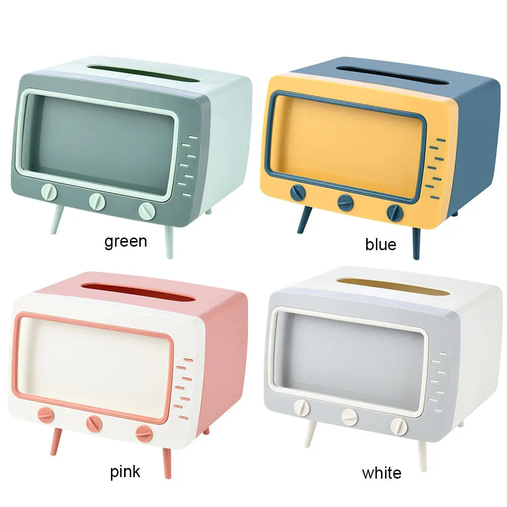 TV Shape Creative Tissue Box with Mobile Phone Stand Cute Napkin Holder Multifunctional Box for Living Room Night Stand