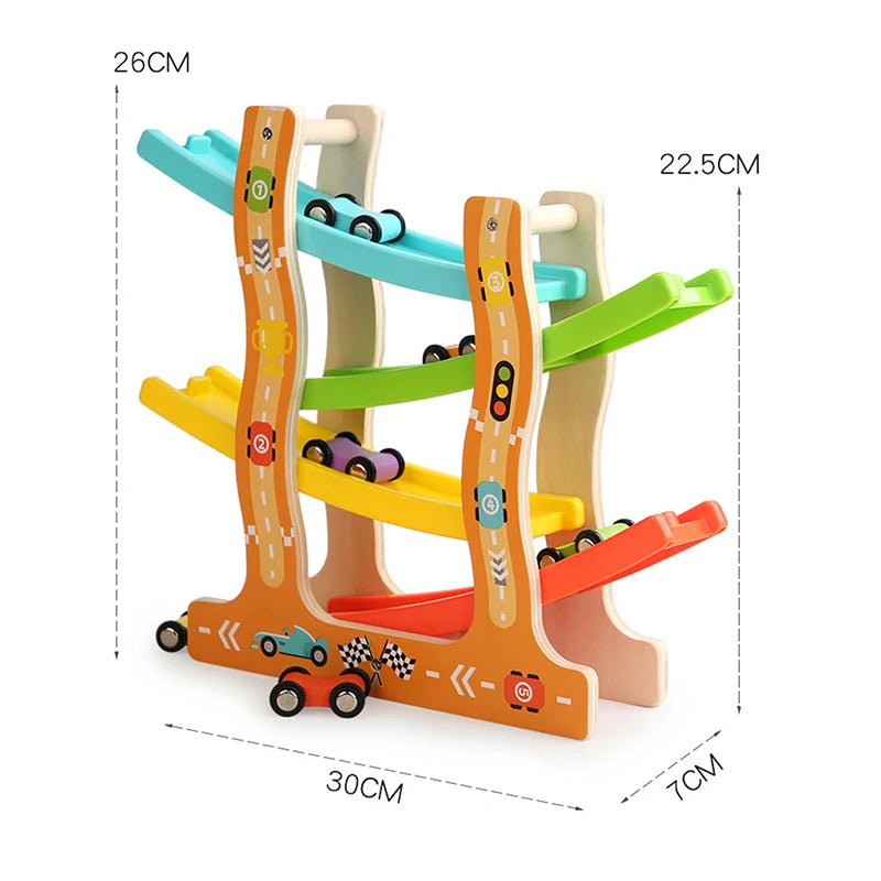 Kids Four-Layer Wooden Gliding Inertia Track Car Toys Animal and Traffic Theme Early Educational Toys Birthday Gifts