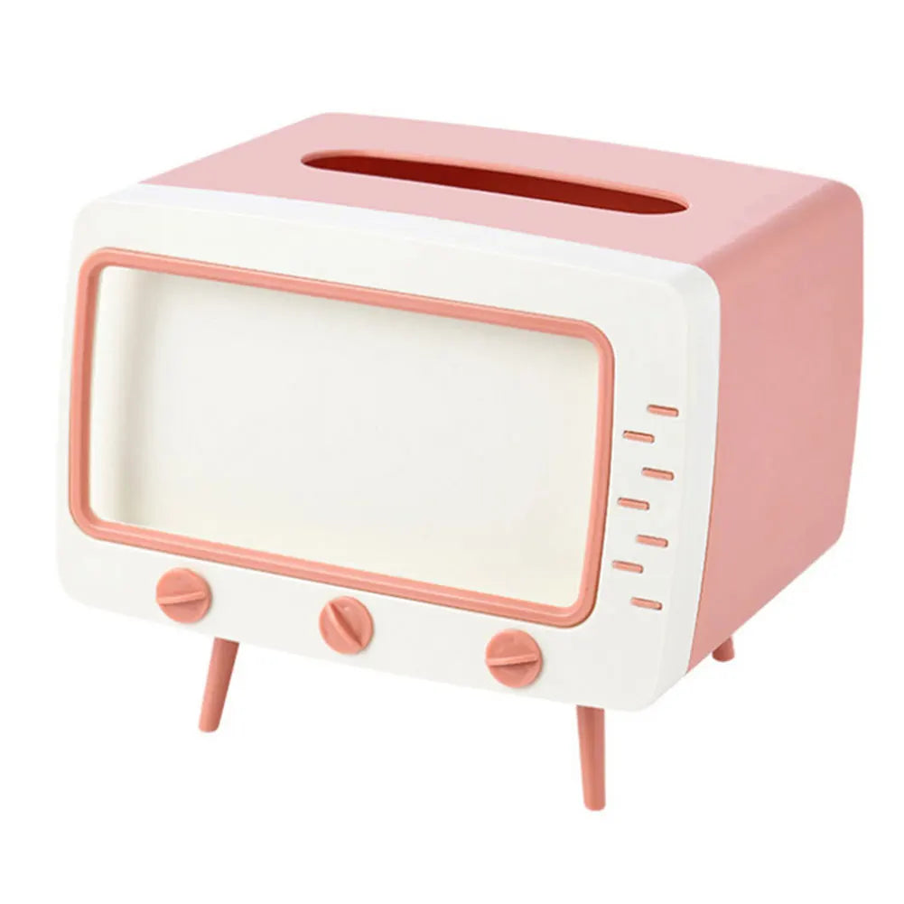 TV Shape Creative Tissue Box with Mobile Phone Stand Cute Napkin Holder Multifunctional Box for Living Room Night Stand