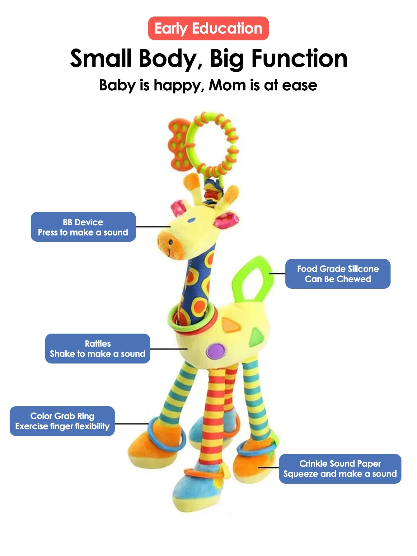 1Pcs Soft Giraffe Animal Handbells Rattles Plush Infant Toddler Car Bed Hanging Toy Baby Early Education Development Handle Toys