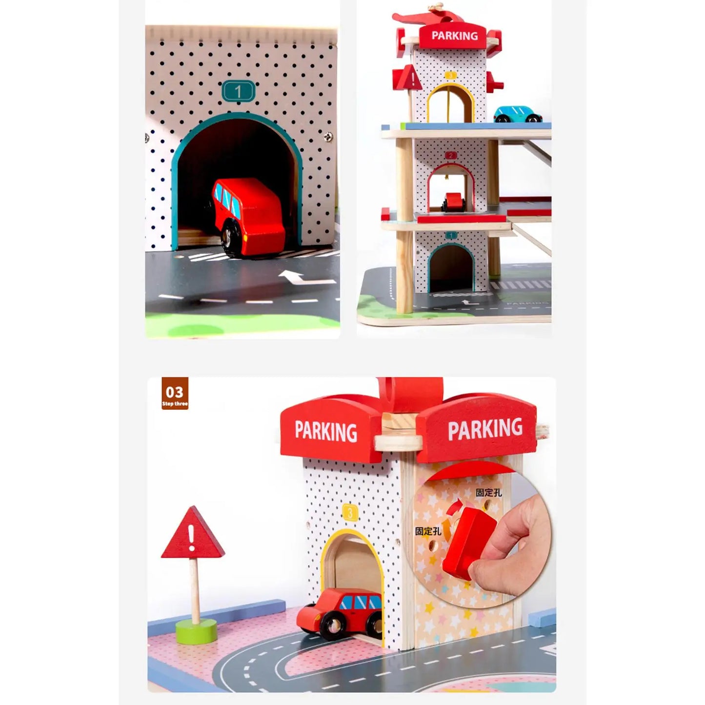 Wooden Car Garage Playset Kids Parking Garage Race Car with Manual Elevator