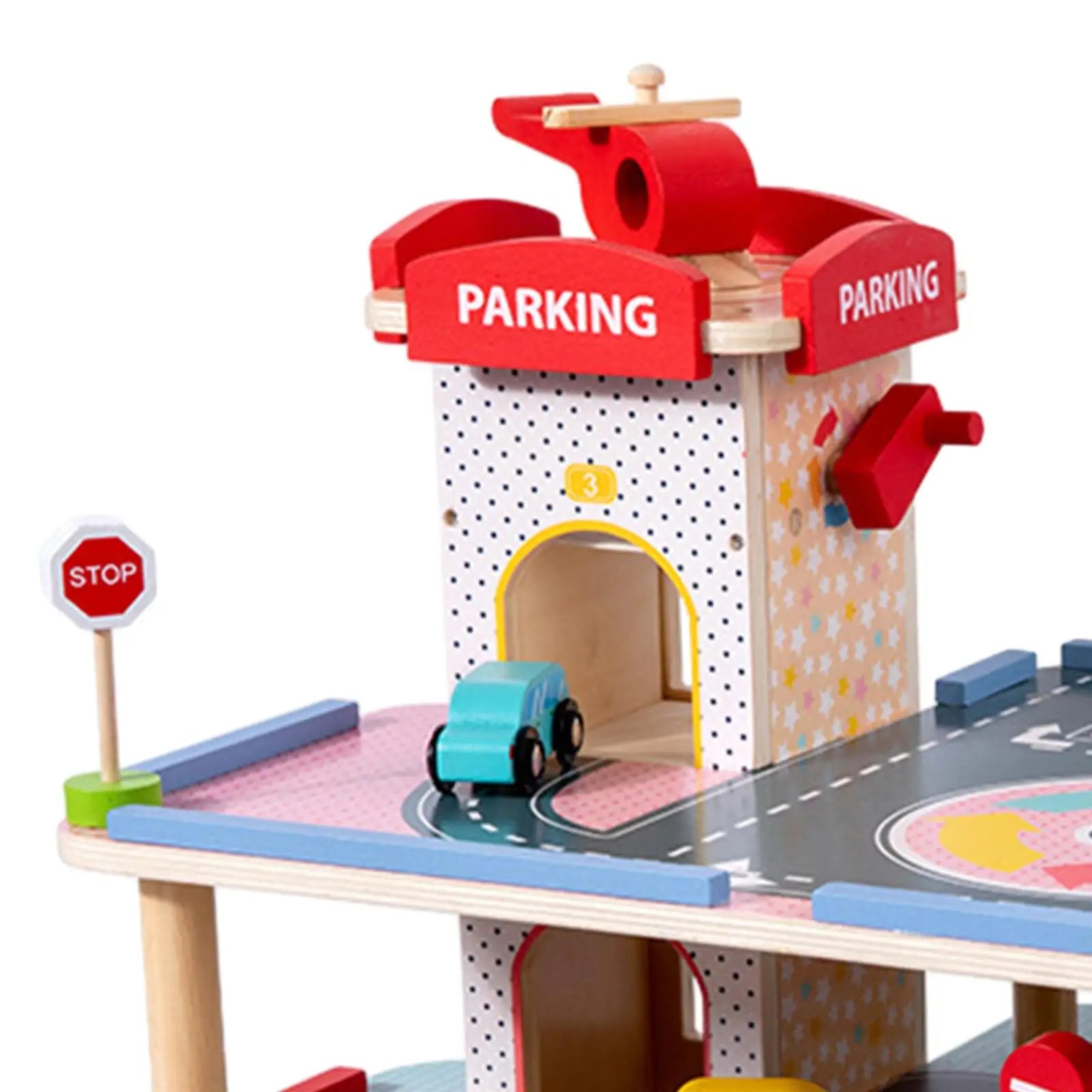 Wooden Car Garage Playset Kids Parking Garage Race Car with Manual Elevator