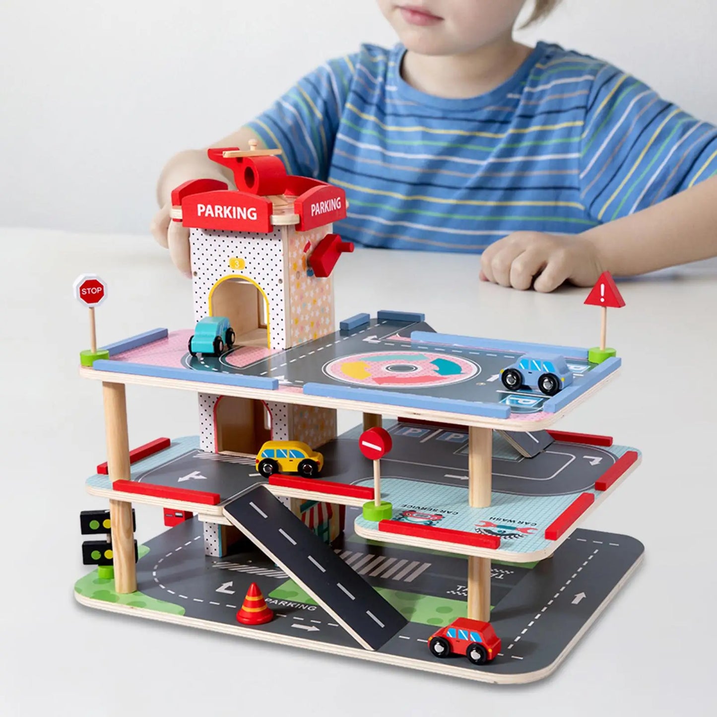 Wooden Car Garage Playset Kids Parking Garage Race Car with Manual Elevator