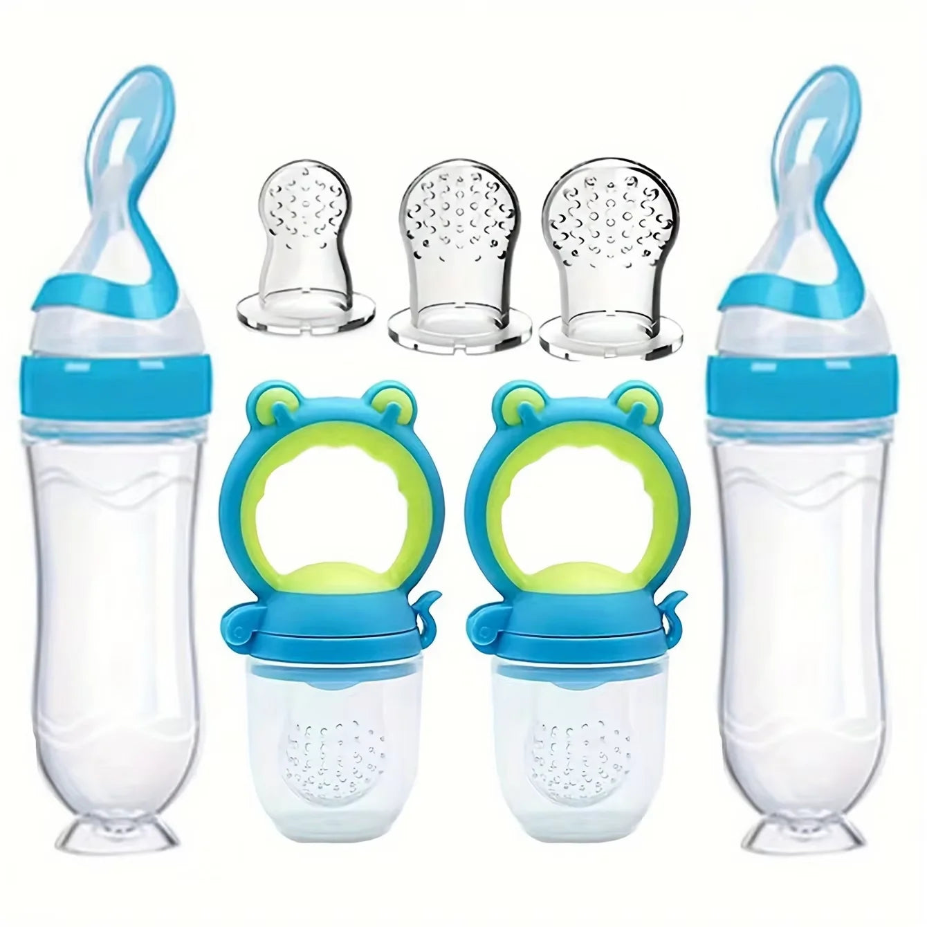 7Pcs Baby Feeding Set: 2Pcs Soft Silicone Feeding Bottle with Spoon,2Pcs Fruit Feeder Pacifier with 3-Size Nipples