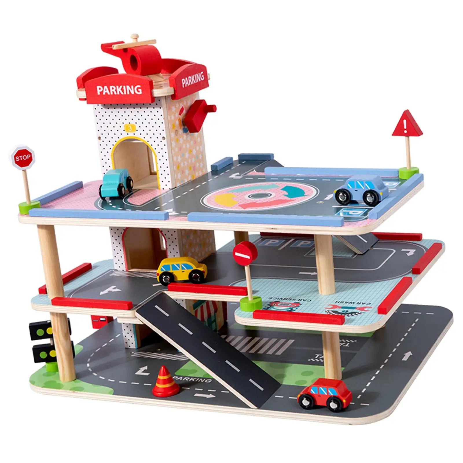 Wooden Car Garage Playset Kids Parking Garage Race Car with Manual Elevator