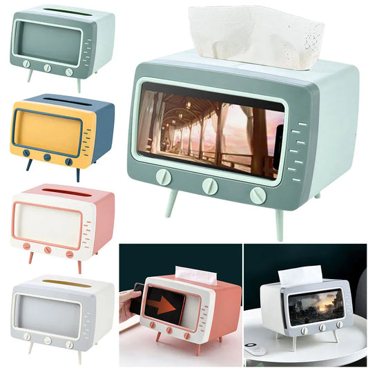 TV Shape Creative Tissue Box with Mobile Phone Stand Cute Napkin Holder Multifunctional Box for Living Room Night Stand