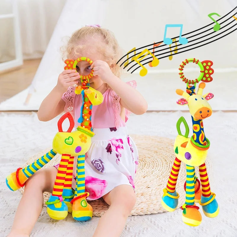 Soft Giraffe Hanging Rattle Baby Toys 15 Inch Baby Rattle Crinkle Squeaky Stroller Car Seat Crib Plush Animal Activity Toys