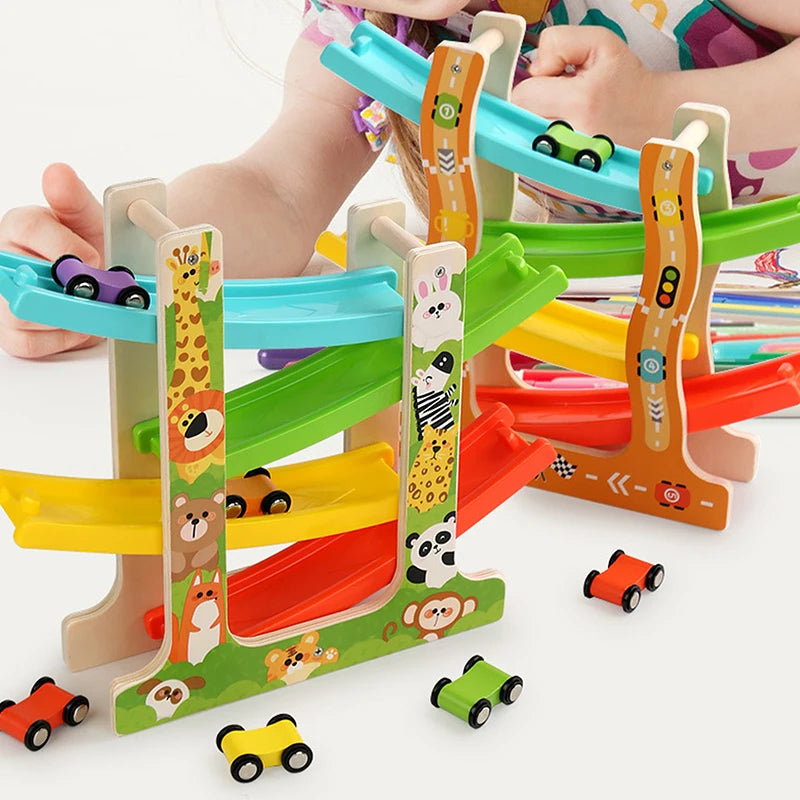 Kids Four-Layer Wooden Gliding Inertia Track Car Toys Animal and Traffic Theme Early Educational Toys Birthday Gifts