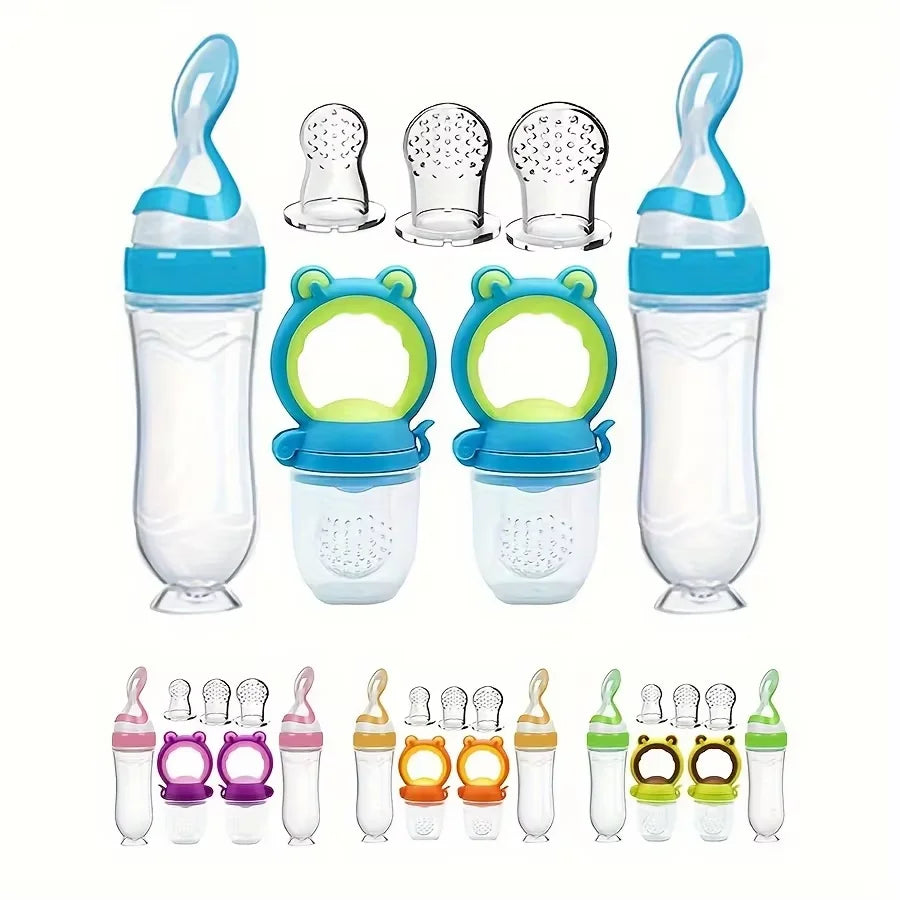 7Pcs Baby Feeding Set: 2Pcs Soft Silicone Feeding Bottle with Spoon,2Pcs Fruit Feeder Pacifier with 3-Size Nipples
