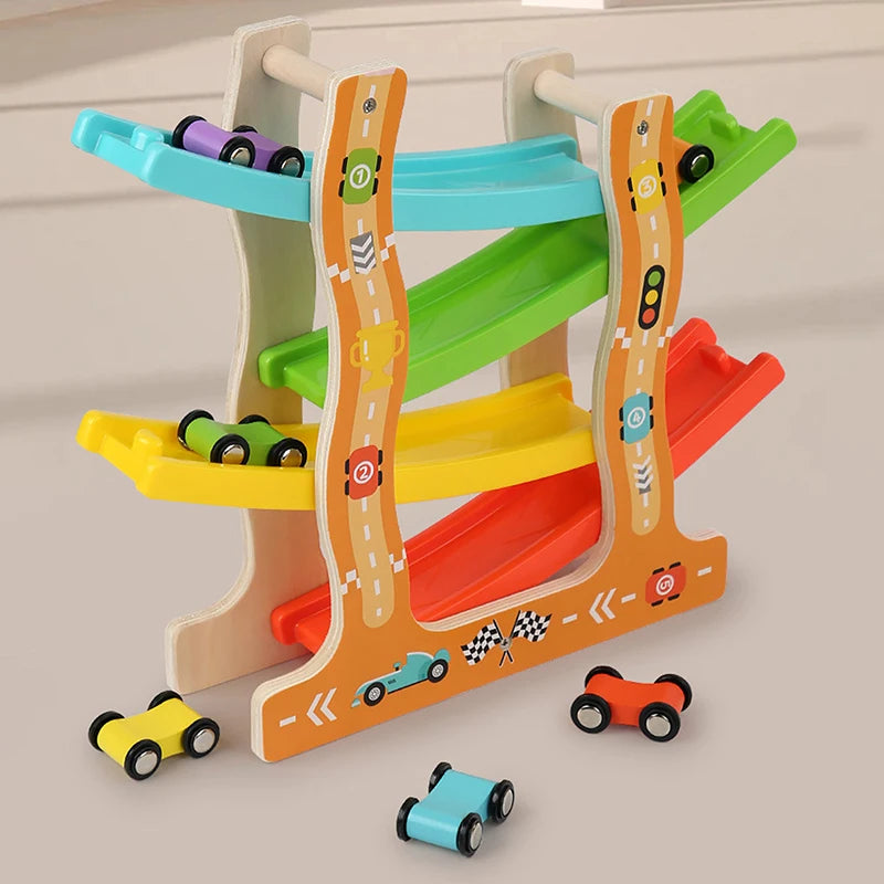 Kids Four-Layer Wooden Gliding Inertia Track Car Toys Animal and Traffic Theme Early Educational Toys Birthday Gifts