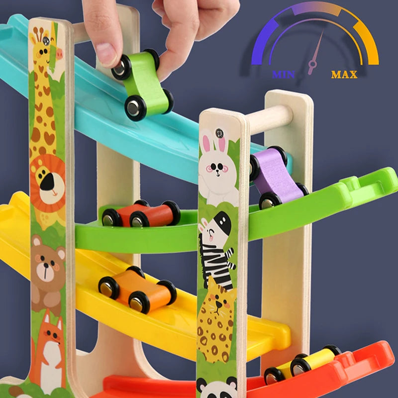 Kids Four-Layer Wooden Gliding Inertia Track Car Toys Animal and Traffic Theme Early Educational Toys Birthday Gifts
