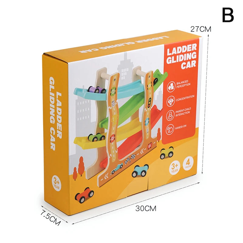 Kids Four-Layer Wooden Gliding Inertia Track Car Toys Animal and Traffic Theme Early Educational Toys Birthday Gifts