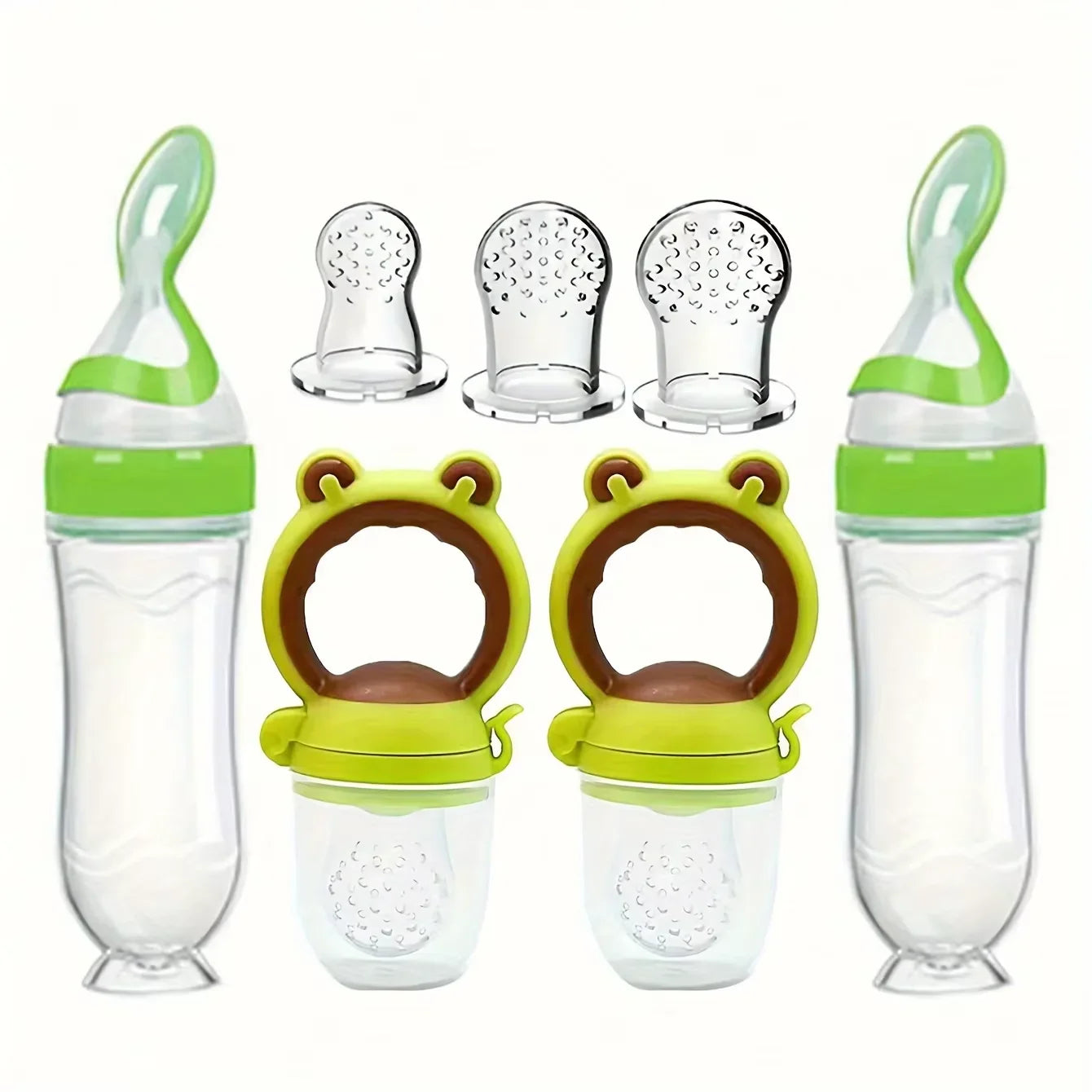 7Pcs Baby Feeding Set: 2Pcs Soft Silicone Feeding Bottle with Spoon,2Pcs Fruit Feeder Pacifier with 3-Size Nipples