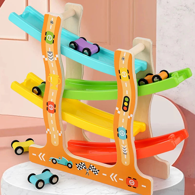 Kids Four-Layer Wooden Gliding Inertia Track Car Toys Animal and Traffic Theme Early Educational Toys Birthday Gifts