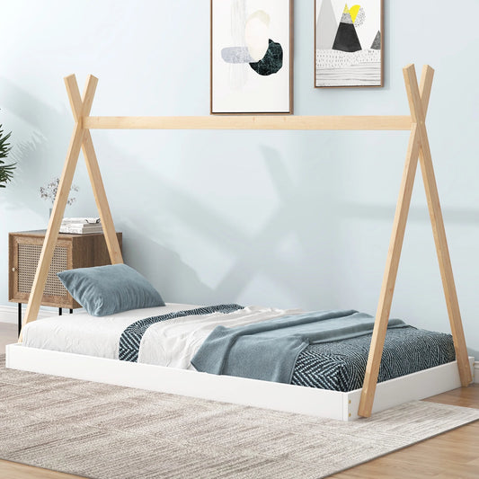 Twin Size Tent Floor Bed Frame with Triangle Structure, Teepee Platform Bed for Kids, Montessori Floor Bed for Toddlers Girls Boys, No Box Spring Needed(Twin,White+Natural)