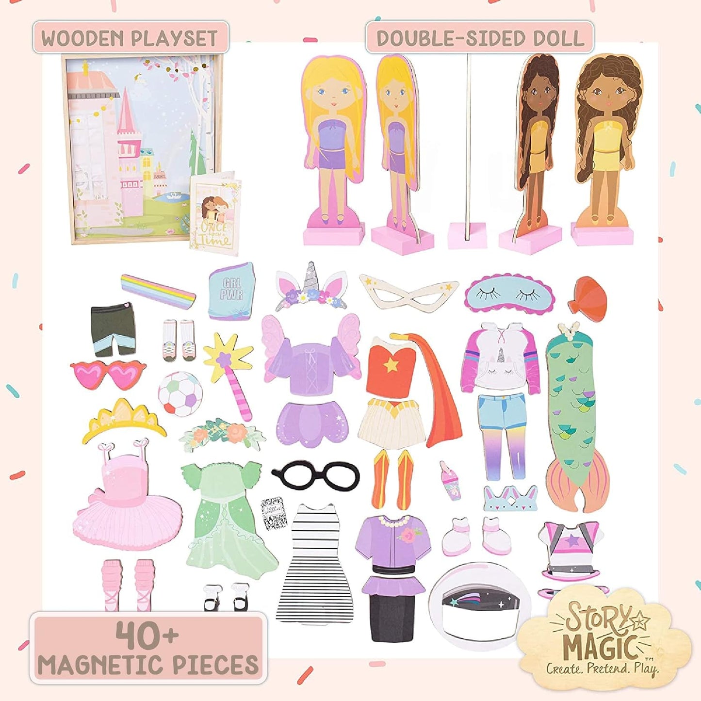 Story Magic Wooden Dress-Up Doll by , Dress up Magnetic Wood Double Sided Doll, over 40 Outfit and Accessory Pieces, Creative Pretend Play, Perfect for Ages 4+
