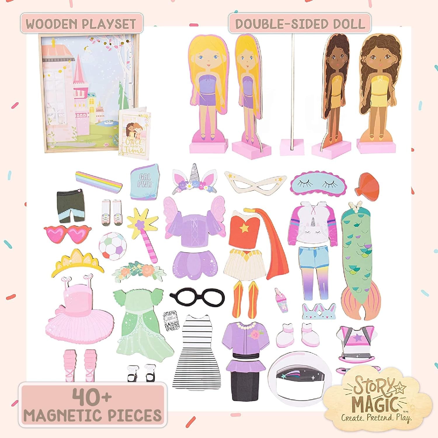 Story Magic Wooden Dress-Up Doll by , Dress up Magnetic Wood Double Sided Doll, over 40 Outfit and Accessory Pieces, Creative Pretend Play, Perfect for Ages 4+