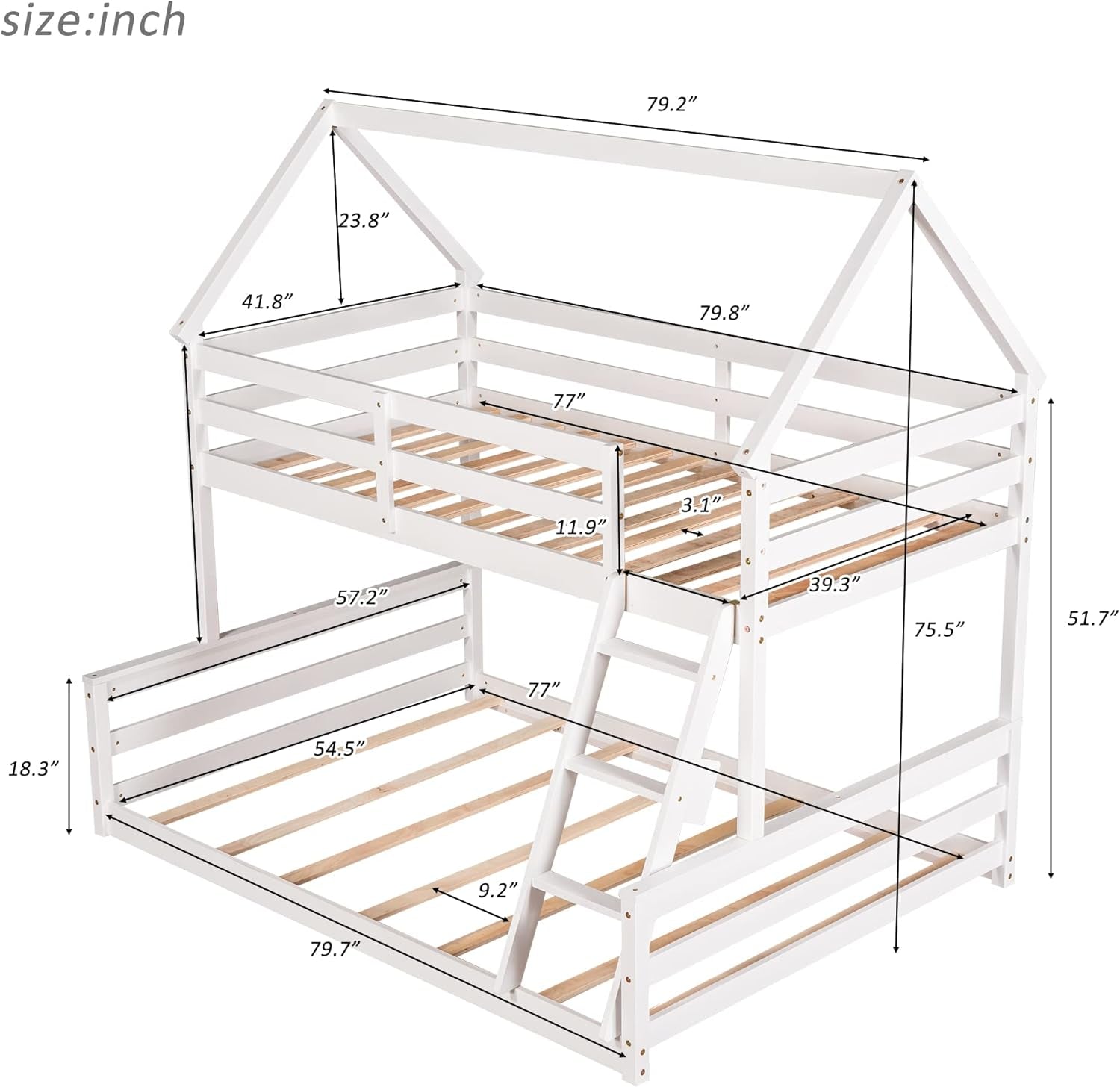 Low Twin over Full House Bunk Beds, Wood Bunk Beds with Roof and Guard Rail, House Bed Built-In Ladder for Kids, Teens, Boys, Girls (White)