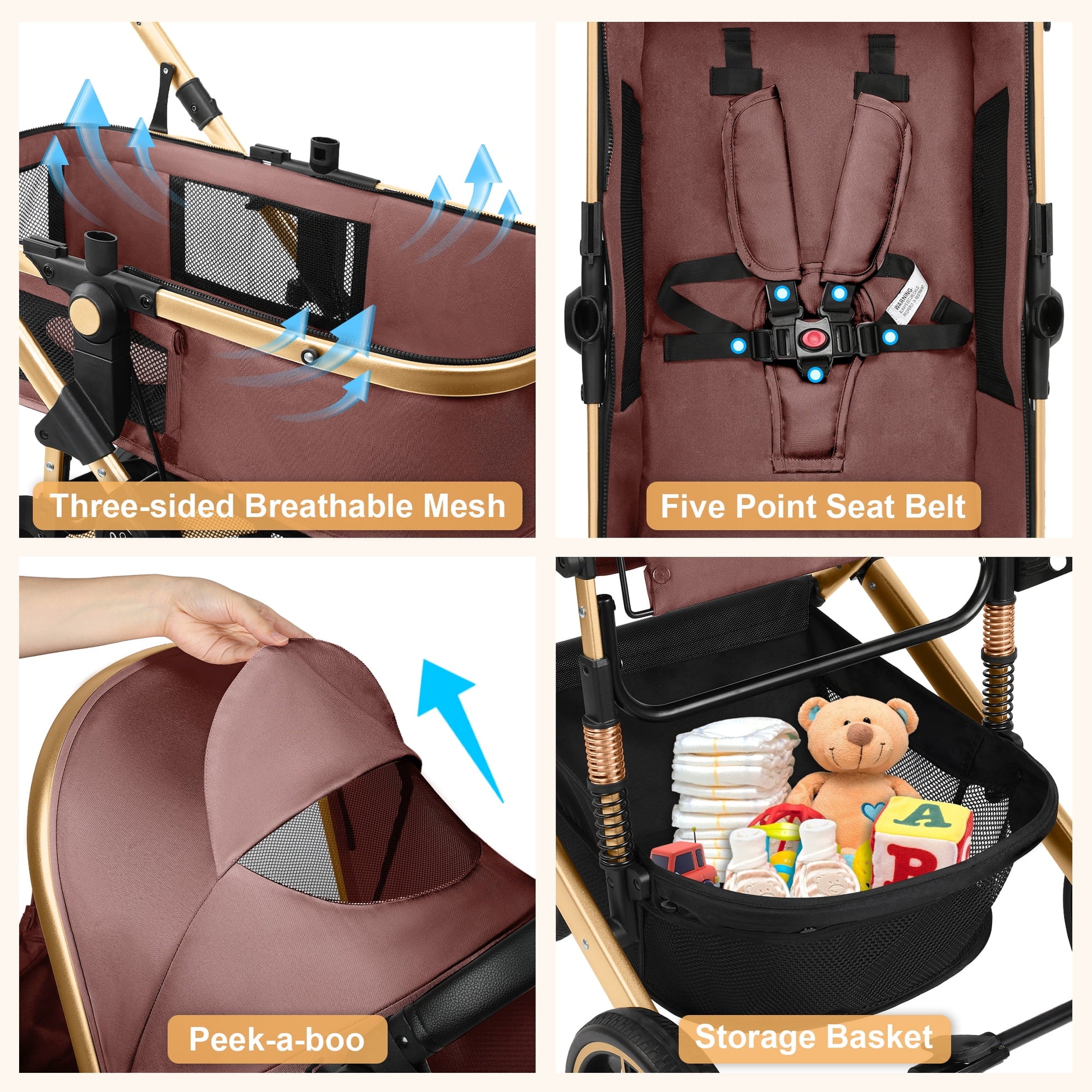 Baby Stroller, Foldable Aluminum Alloy Stroller with Reversible, Travel Stroller for Newborn Infant, Brown