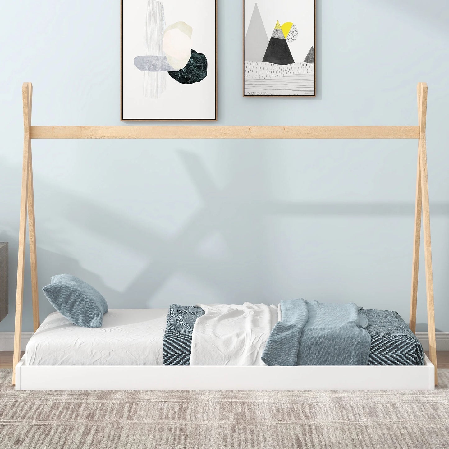 Twin Size Tent Floor Bed Frame with Triangle Structure, Teepee Platform Bed for Kids, Montessori Floor Bed for Toddlers Girls Boys, No Box Spring Needed(Twin,White+Natural)