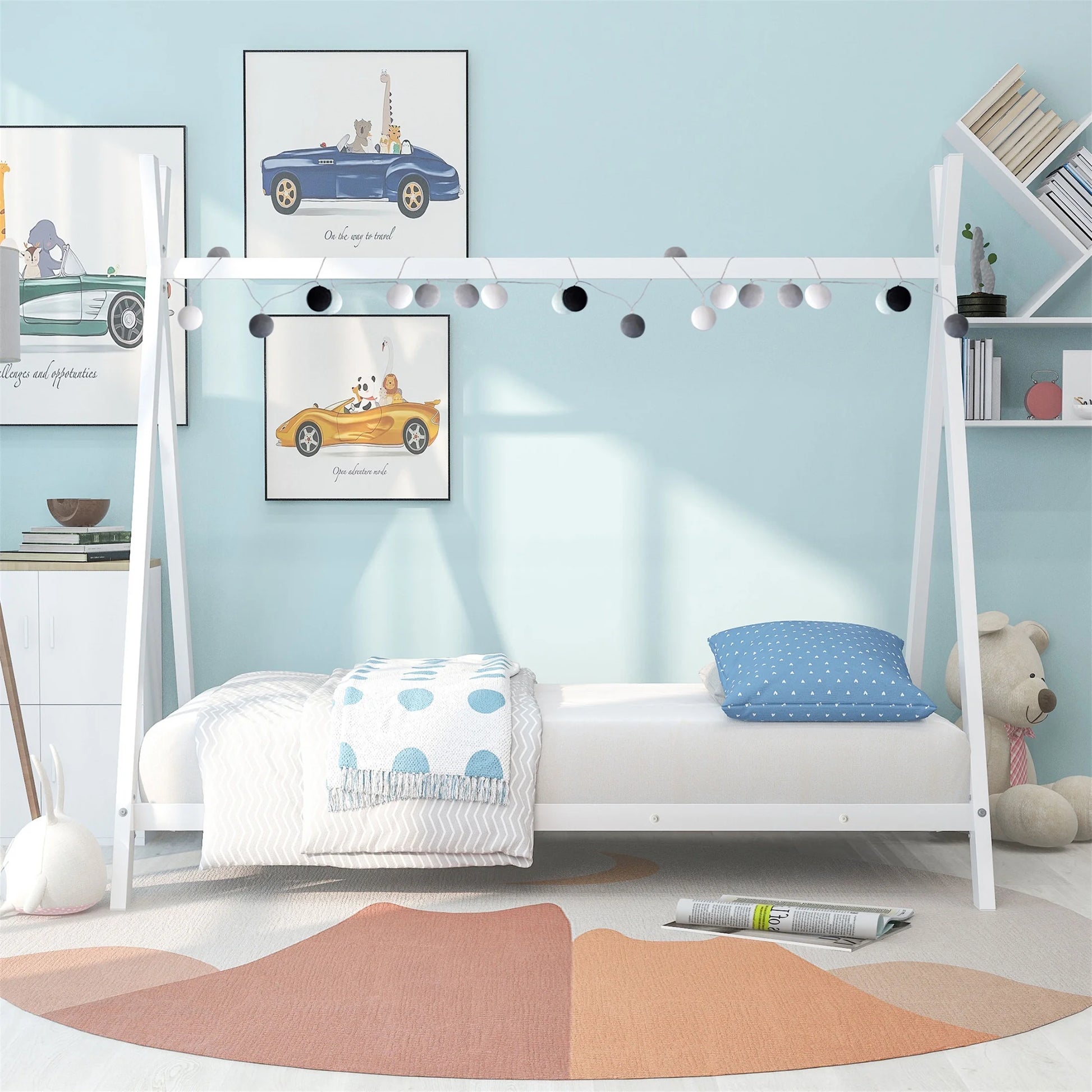 Twin Size House Bed, Metal Floor Play Bed with Slat for Kids, Tent Shape, White