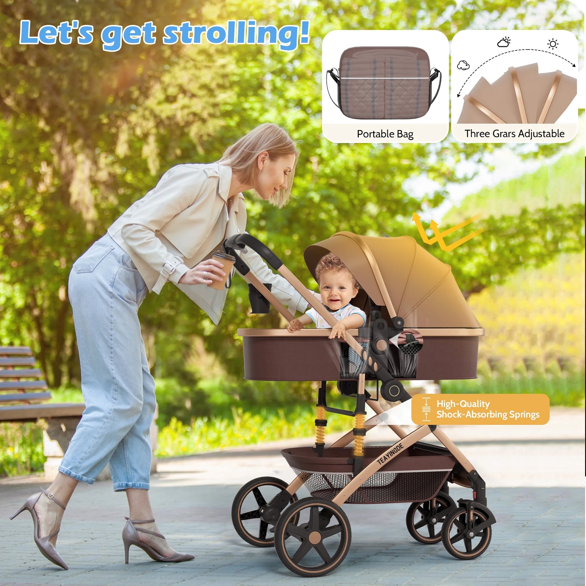 2 in 1 Baby Stroller,Foldable Lightweight Carriage Reversible Bassinet Pram for Toddler,Travel Stroller with with Cup Holder、Storage Bag,Brown