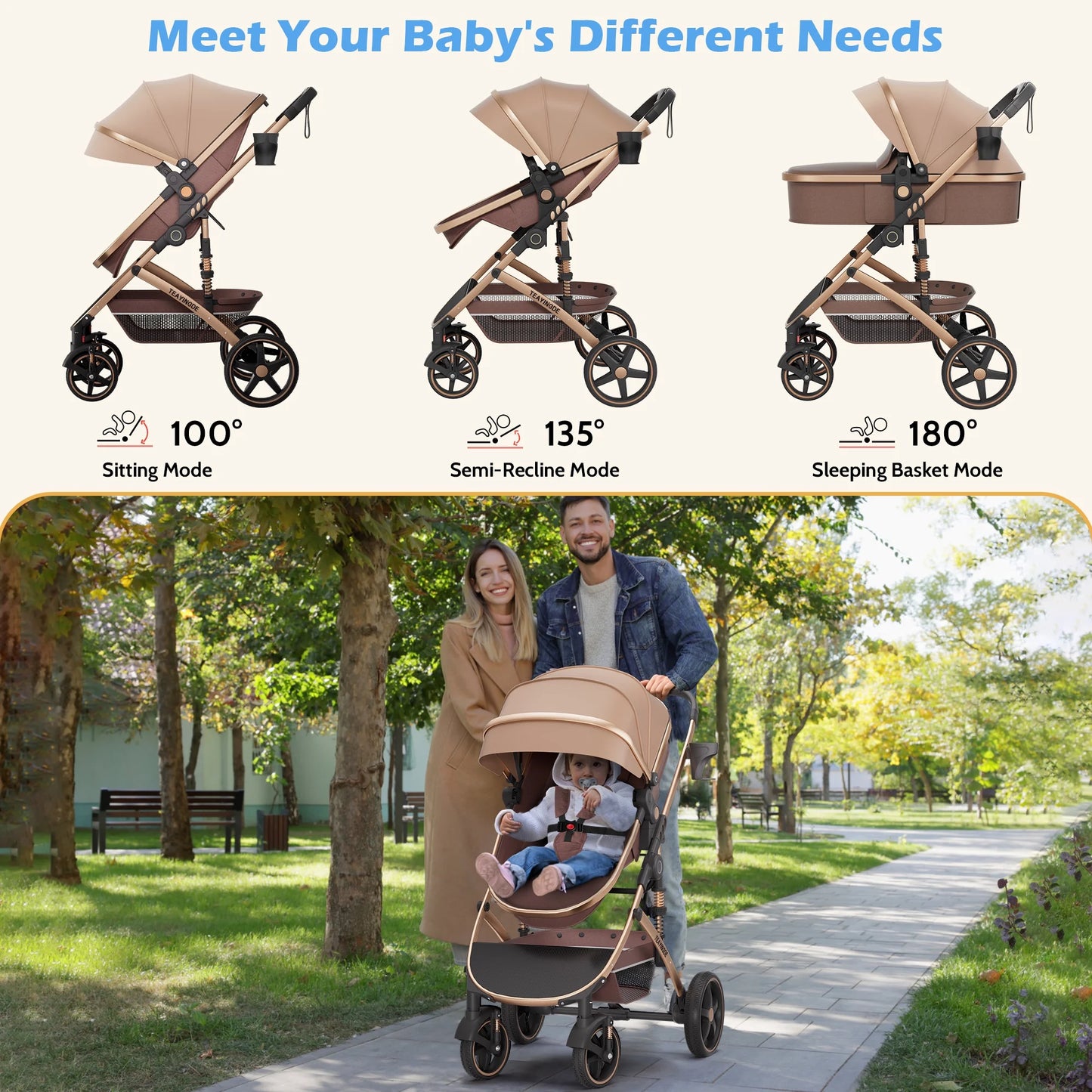 2 in 1 Baby Stroller,Foldable Lightweight Carriage Reversible Bassinet Pram for Toddler,Travel Stroller with with Cup Holder、Storage Bag,Brown