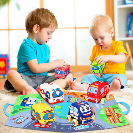 6 Pcs Soft Car Toys for 1 Year Old Boy Girl with Playmat Storage Bag - Infant Baby Toys