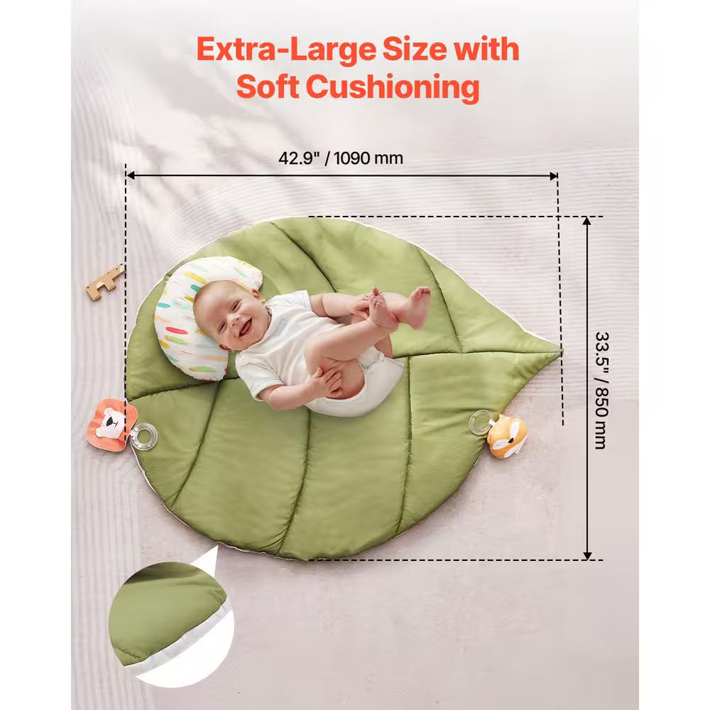Baby Play Gym Mat 1 X 1 Ft. Indoor Baby Activity Mat with 6 Sensory Toys, Oversize Leaf-Shaped Tummy Time Mat for Infant