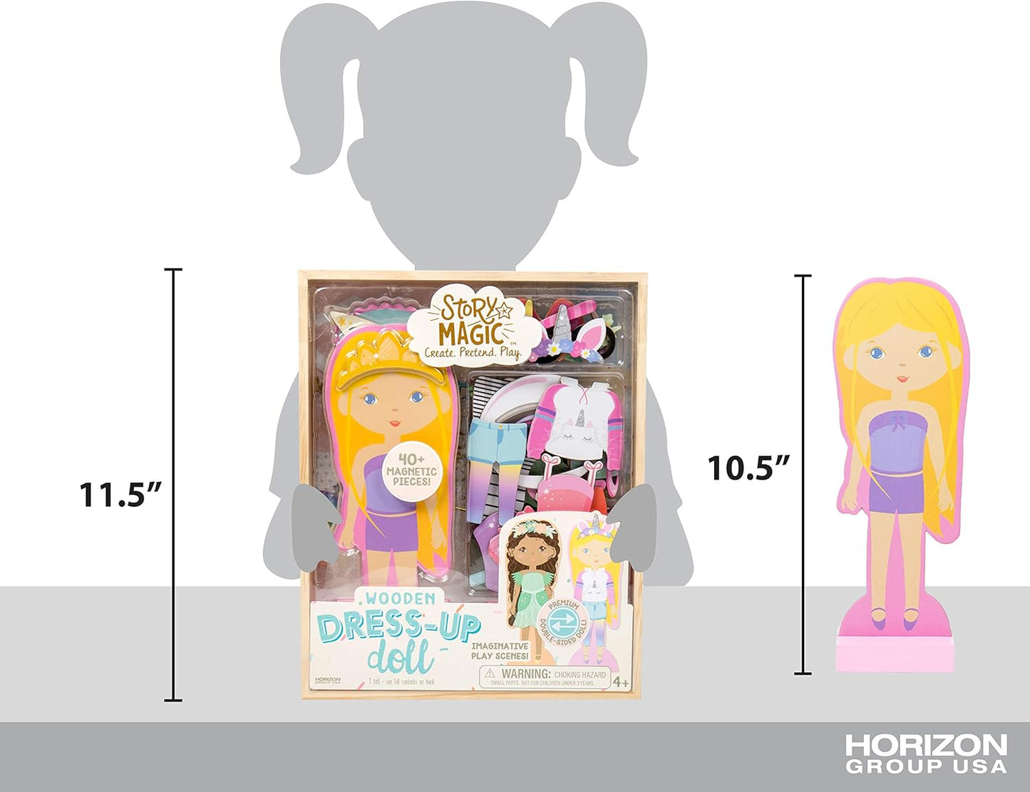 Story Magic Wooden Dress-Up Doll by , Dress up Magnetic Wood Double Sided Doll, over 40 Outfit and Accessory Pieces, Creative Pretend Play, Perfect for Ages 4+