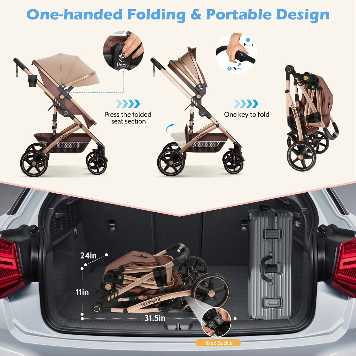 2 in 1 Baby Stroller,Foldable Lightweight Carriage Reversible Bassinet Pram for Toddler,Travel Stroller with with Cup Holder、Storage Bag,Brown