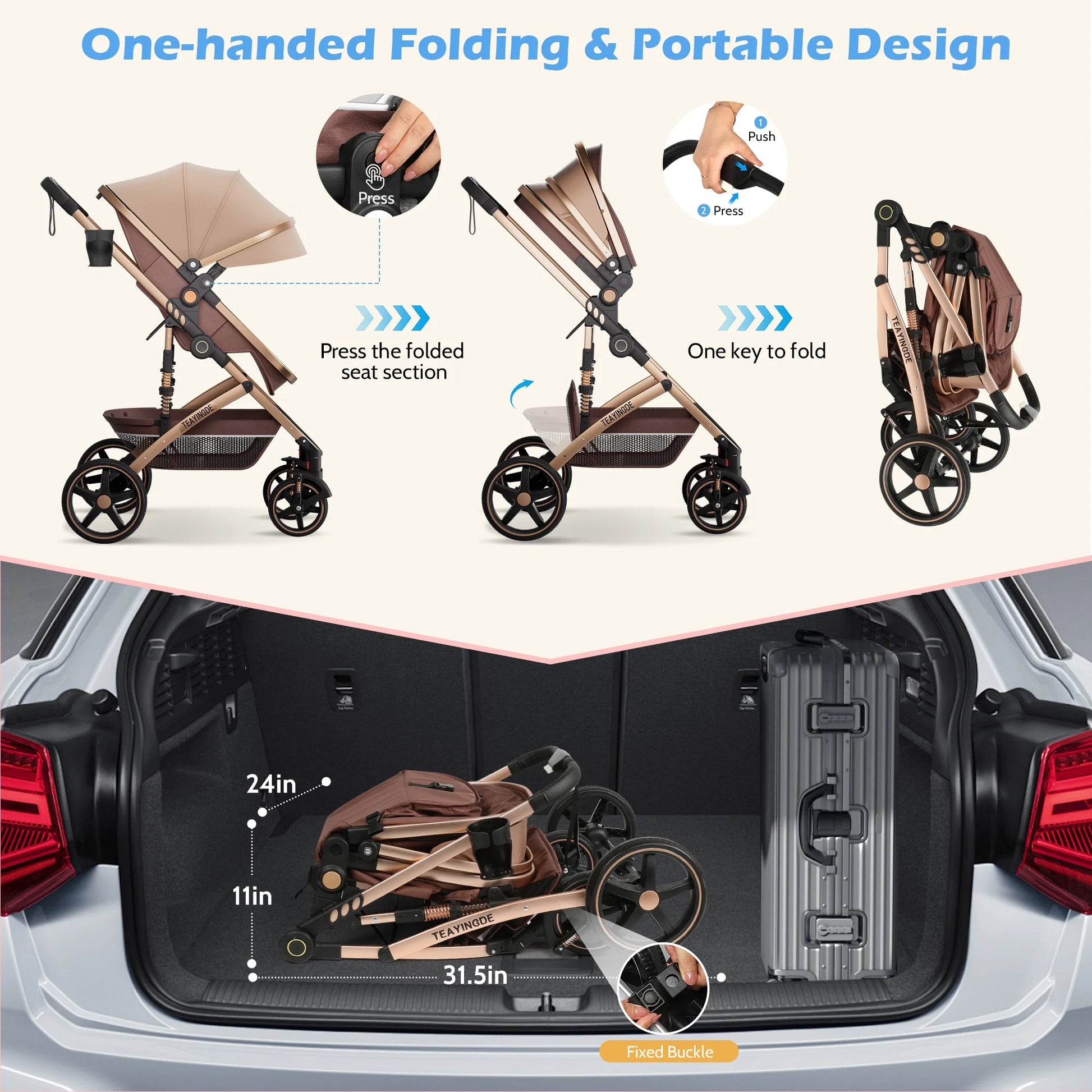 2 in 1 Baby Stroller,Foldable Lightweight Carriage Reversible Bassinet Pram for Toddler,Travel Stroller with with Cup Holder、Storage Bag,Brown