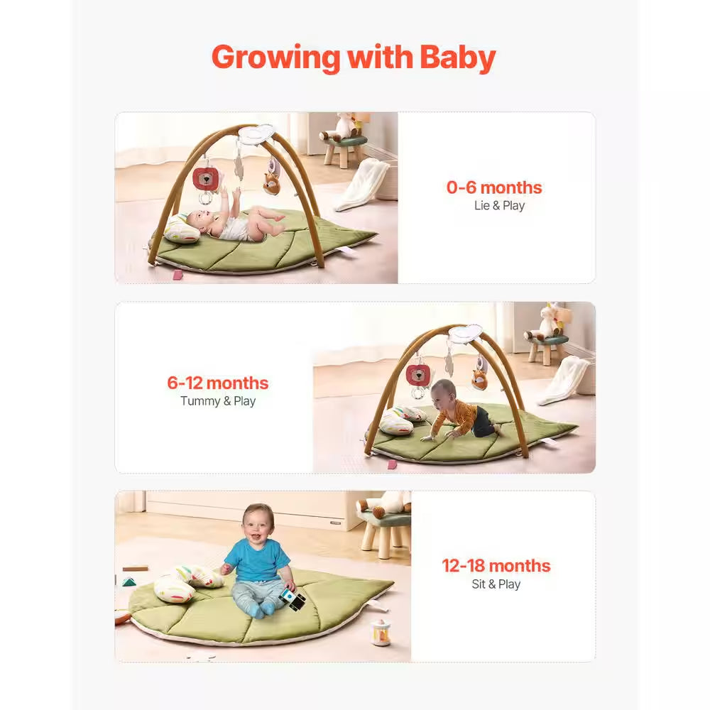 Baby Play Gym Mat 1 X 1 Ft. Indoor Baby Activity Mat with 6 Sensory Toys, Oversize Leaf-Shaped Tummy Time Mat for Infant