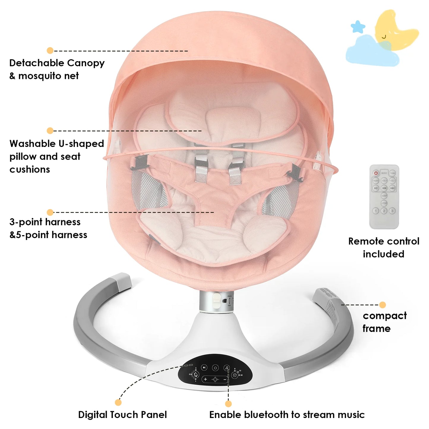 Baby Swing for Infants - Electric Infant Swing with 3 Swing Speeds and 10 Lullabies, Portable Indoor Baby Rocker, Touch Screen Control and Remote Control, Bluetooth, Pink