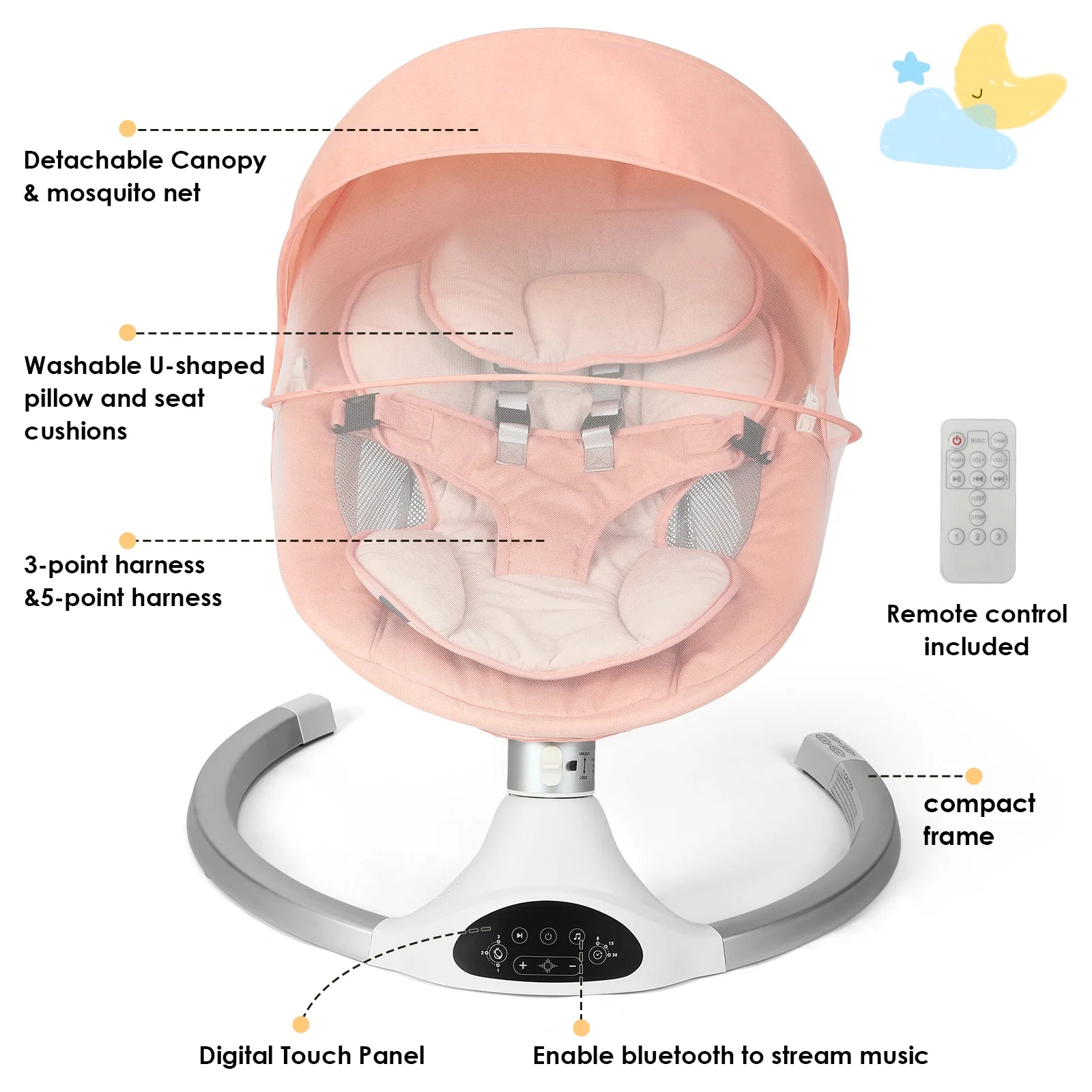 Baby Swing for Infants - Electric Infant Swing with 3 Swing Speeds and 10 Lullabies, Portable Indoor Baby Rocker, Touch Screen Control and Remote Control, Bluetooth, Pink