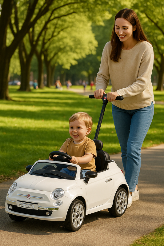 2-in-1 Fiat 500 Push Car Stroller for Toddlers – Ride-On Baby Car with Handle, Music & Opening Doors, White
