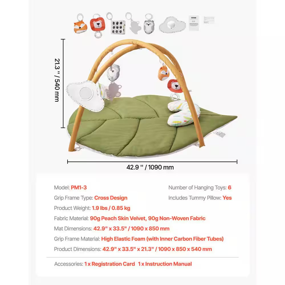 Baby Play Gym Mat 1 X 1 Ft. Indoor Baby Activity Mat with 6 Sensory Toys, Oversize Leaf-Shaped Tummy Time Mat for Infant