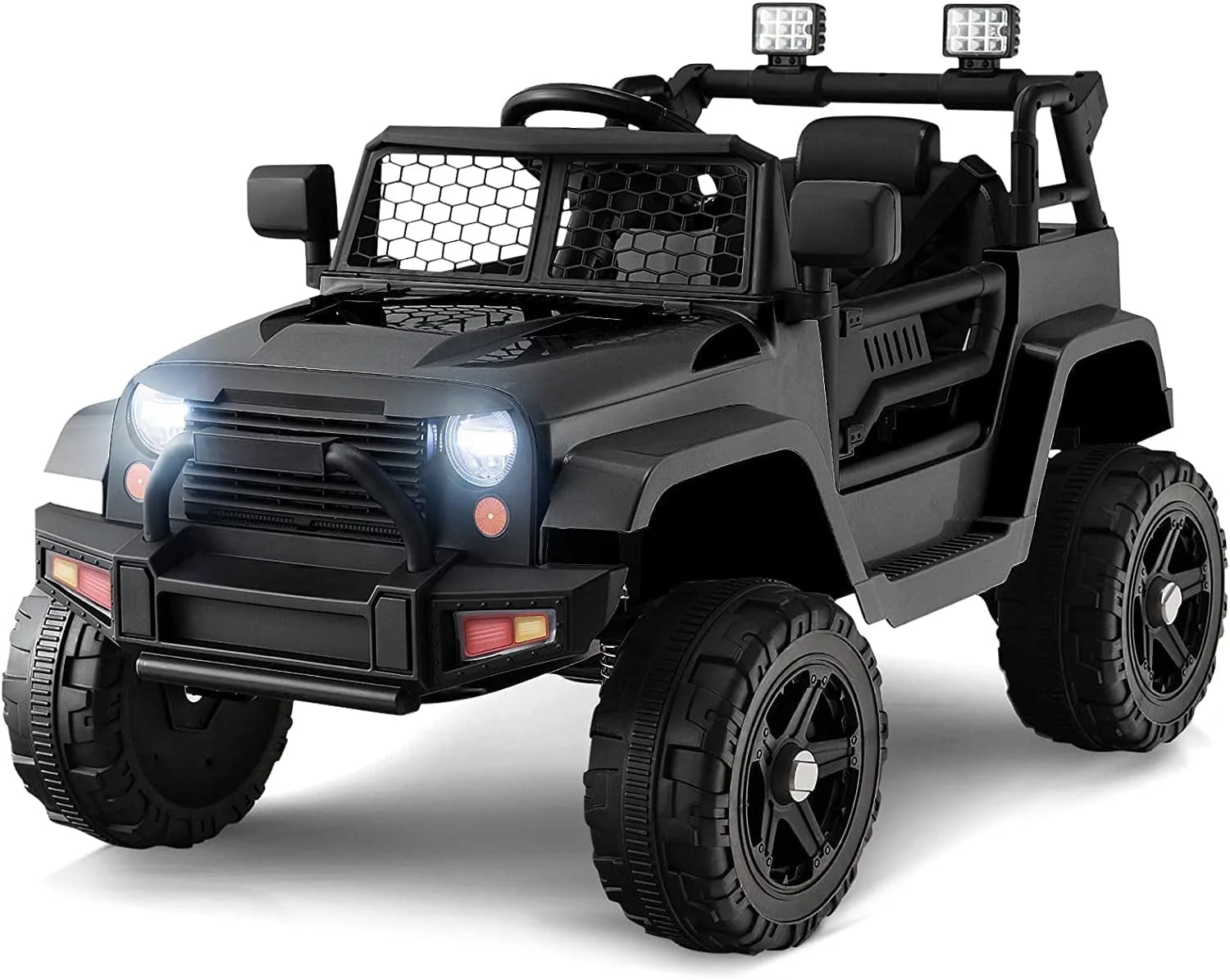 Kids Ride on Truck, 12V Electric Vehicle Jeep Car with Remote Control, Toddlers Battery Powered Toy with 2 Speeds, Spring Suspension, Double Open Doors, LED Lights, Music, USB, Mp3 (Black)