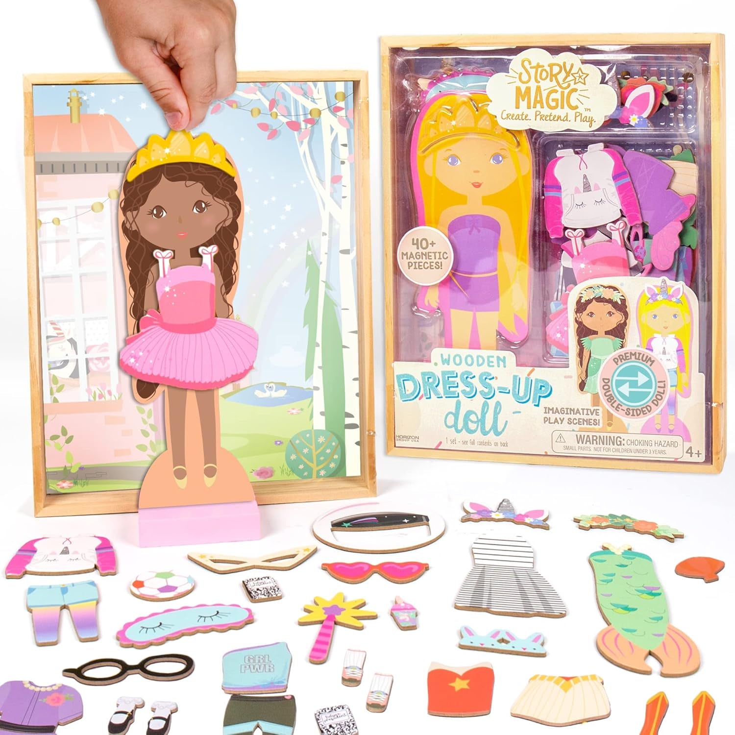 Story Magic Wooden Dress-Up Doll by , Dress up Magnetic Wood Double Sided Doll, over 40 Outfit and Accessory Pieces, Creative Pretend Play, Perfect for Ages 4+