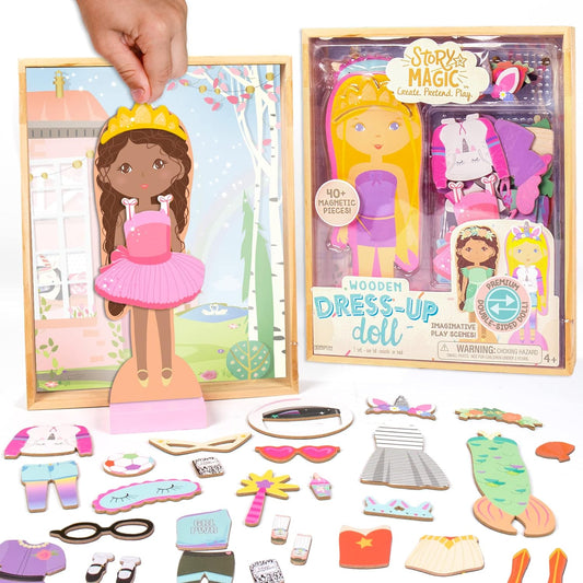 Story Magic Wooden Dress-Up Doll by , Dress up Magnetic Wood Double Sided Doll, over 40 Outfit and Accessory Pieces, Creative Pretend Play, Perfect for Ages 4+