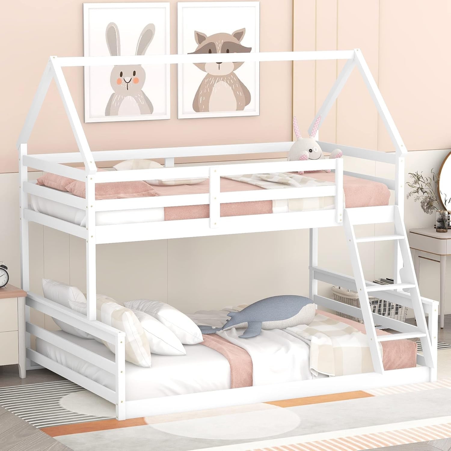 Low Twin over Full House Bunk Beds, Wood Bunk Beds with Roof and Guard Rail, House Bed Built-In Ladder for Kids, Teens, Boys, Girls (White)