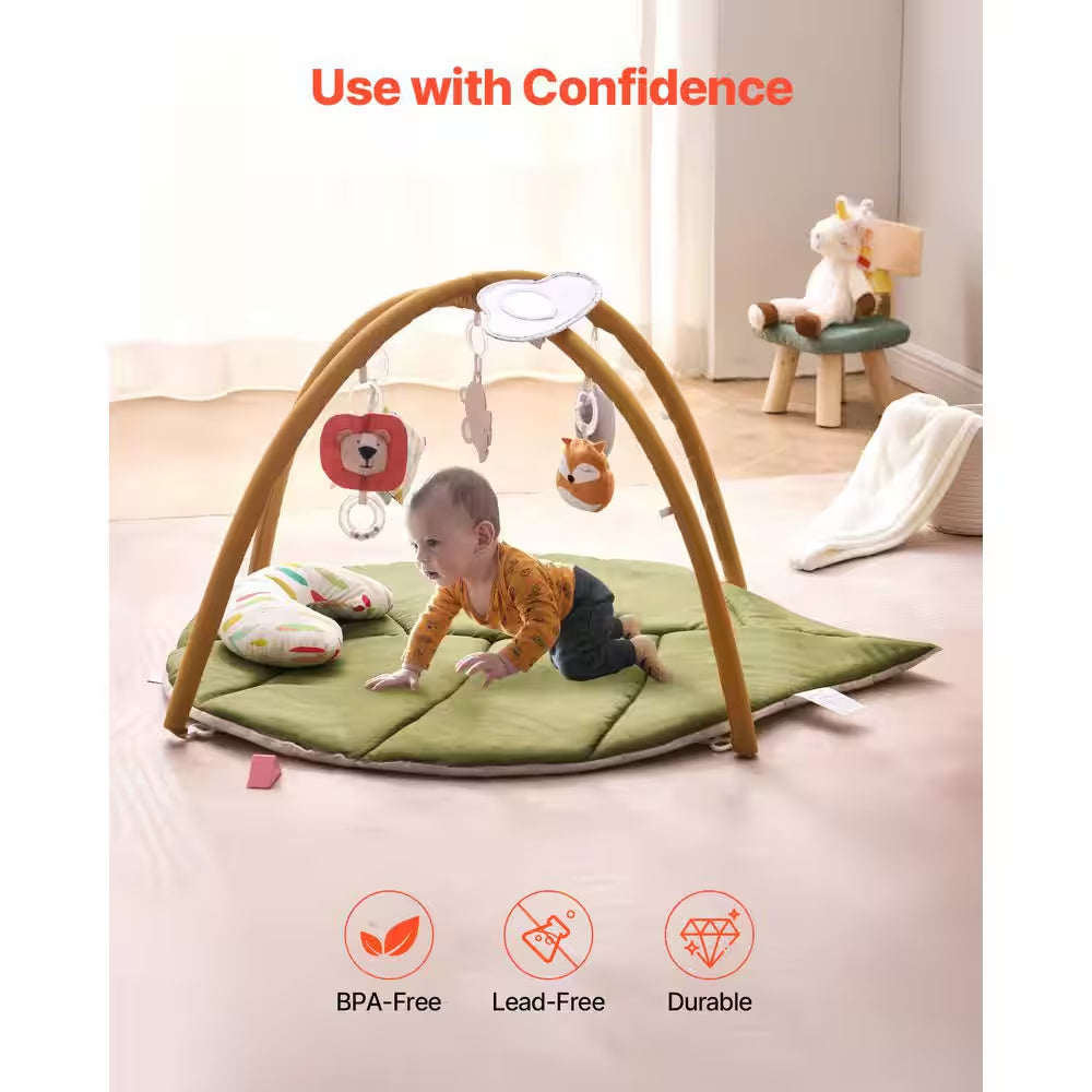 Baby Play Gym Mat 1 X 1 Ft. Indoor Baby Activity Mat with 6 Sensory Toys, Oversize Leaf-Shaped Tummy Time Mat for Infant