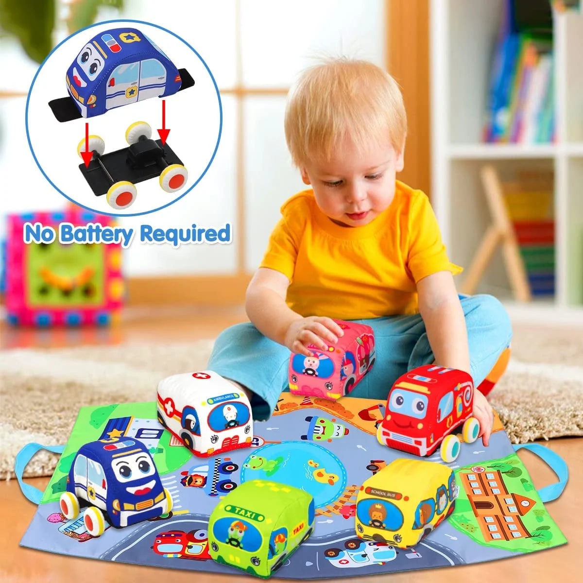6 Pcs Soft Car Toys for 1 Year Old Boy Girl with Playmat Storage Bag - Infant Baby Toys